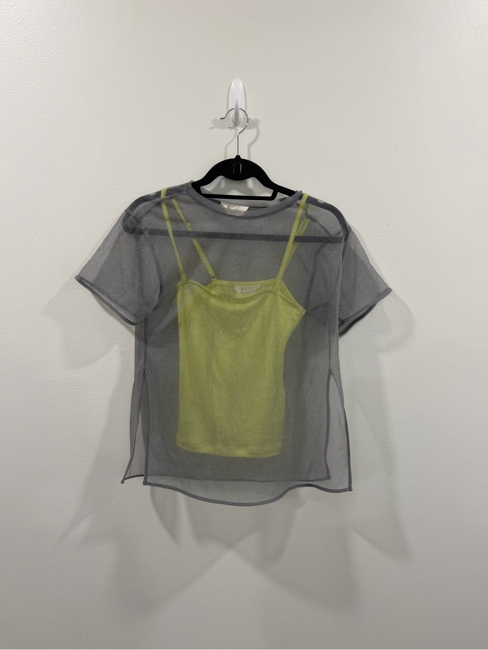 Anthropologie Sheer Metallic Mesh Top + Lime Cami